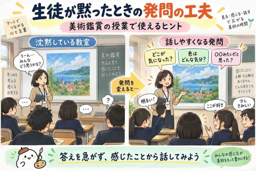 中学校の美術鑑賞授業で生徒が黙ったときに、発問を工夫して感じたことから話しやすくする授業場面の図解