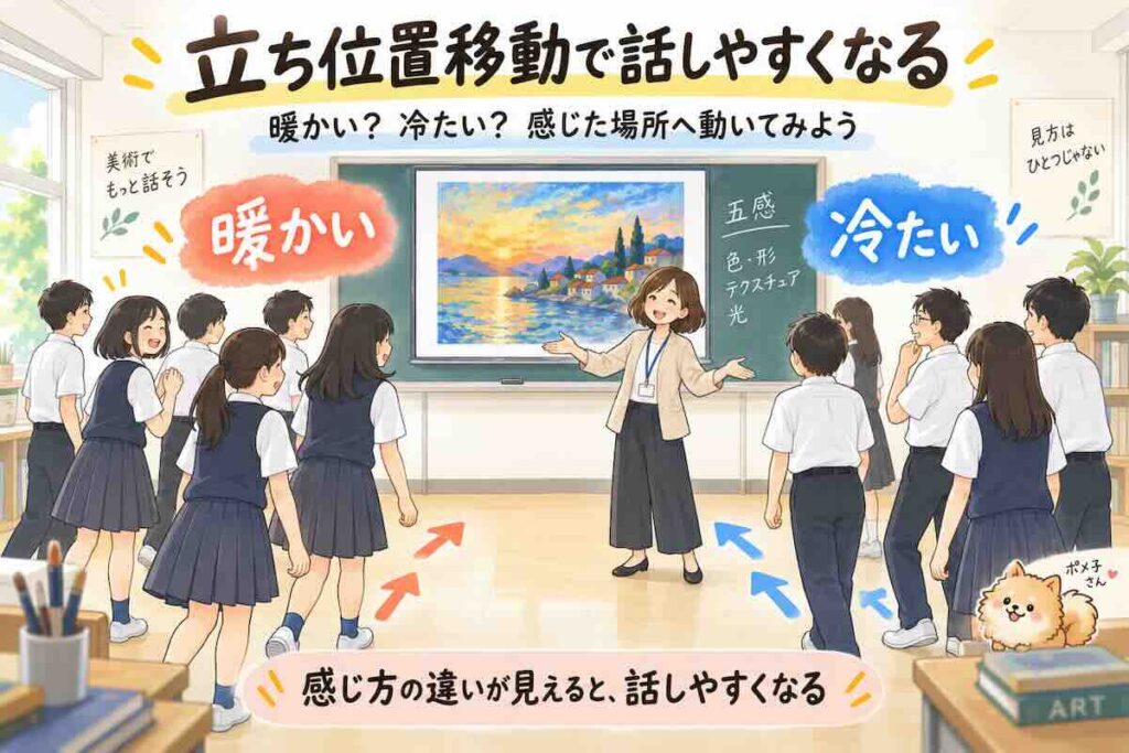 中学校の美術鑑賞授業で、作品を見て暖かい・冷たいと感じた生徒が立ち位置を移動し、感じ方の違いを見える化する活動のイラスト