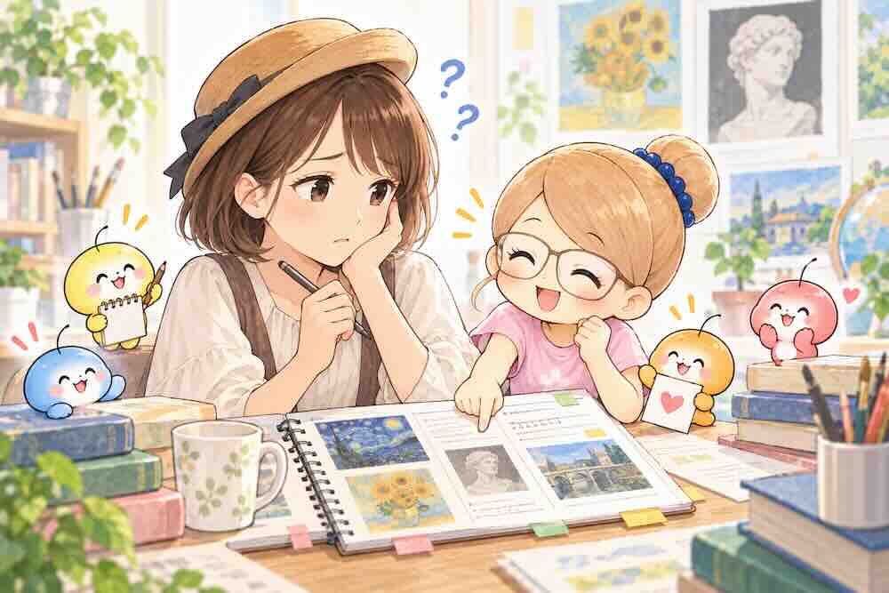 中学校の美術鑑賞授業について悩むベル先生を、ポメ子さんやモップーたちが励ましているQ&A導入用イラスト