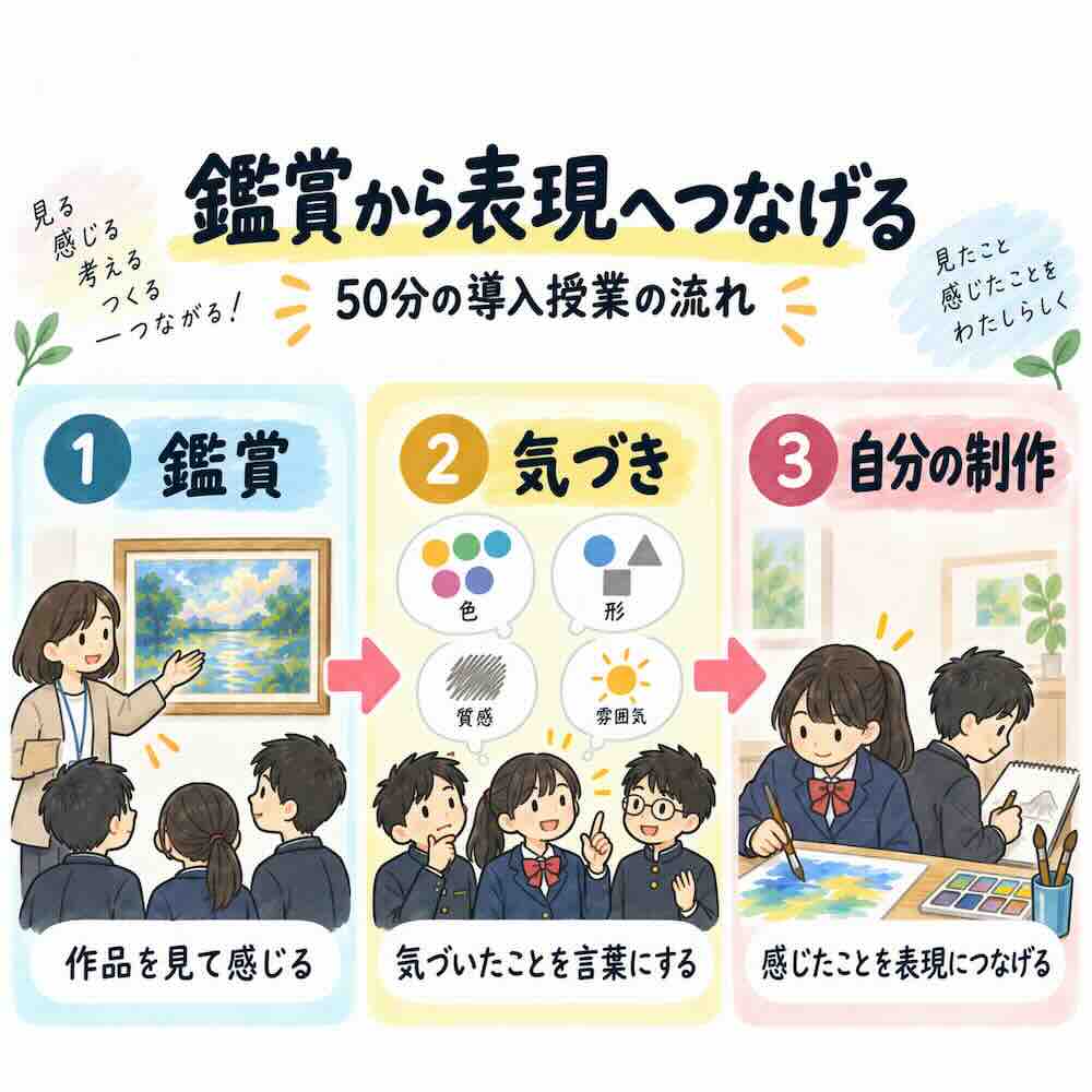 中学校の美術鑑賞授業で、作品を見て感じる鑑賞、気づいたことを言葉にする活動、自分の制作へつなげる流れを示した3ステップ図解