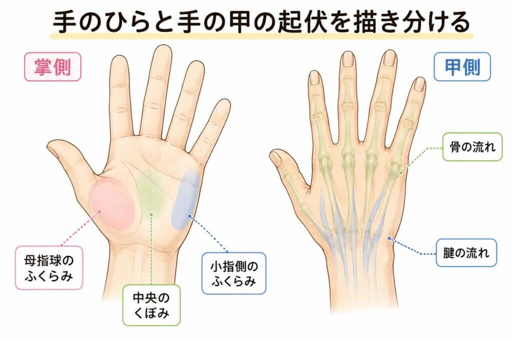手のひらと手の甲の起伏の違いを比較した解説図。掌側は母指球・小指側のふくらみ・中央のくぼみ、甲側は骨や腱の流れを示している。 