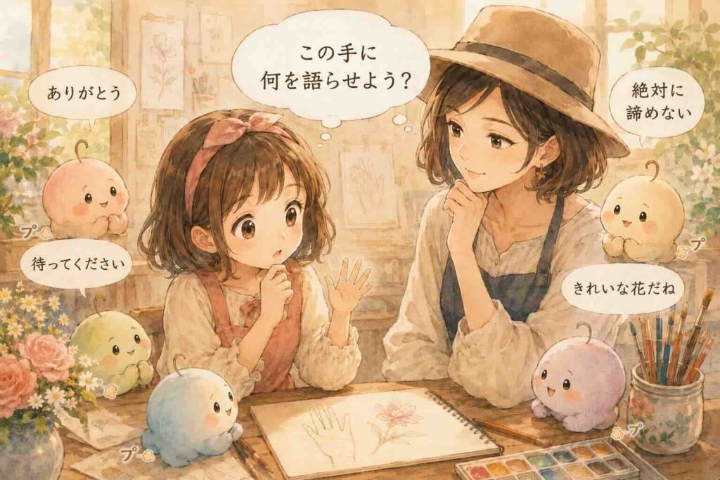 左手を見つめながら手に込める気持ちを考えるポメ子さんとベル先生、周囲でモップーたちが見守る導入イラスト 