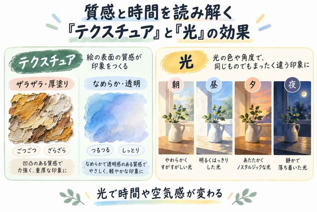 厚塗りと透明感という描法の違い（テクスチュア）と、時間帯による光の変化（光と影）を比較した図解
