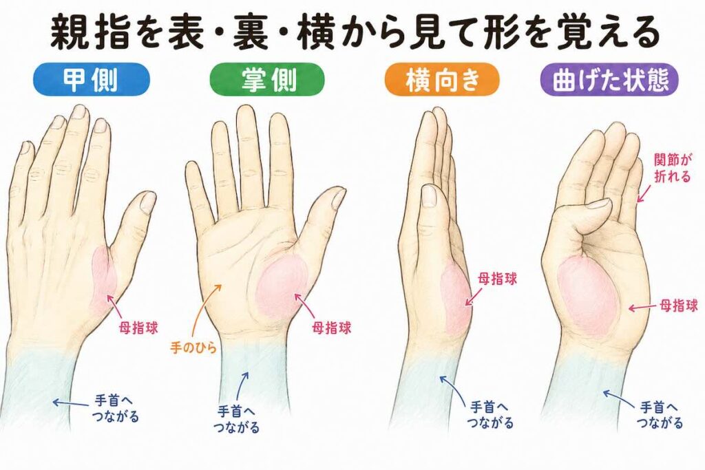 親指を甲側・掌側・横向き・曲げた状態で比較し、母指球のふくらみと手首へのつながりを色分けしたデッサン練習用の解説図