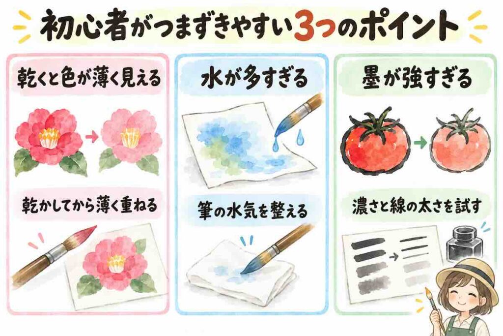 透明水彩や絵手紙の初心者がつまずきやすい、乾くと色が薄く見える・水が多すぎる・墨が強すぎるという3つのポイントと解決方法を示した解説図
