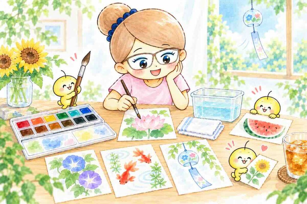 ポメ子さんとモップーたちが透明水彩で夏の絵手紙を楽しむイラスト