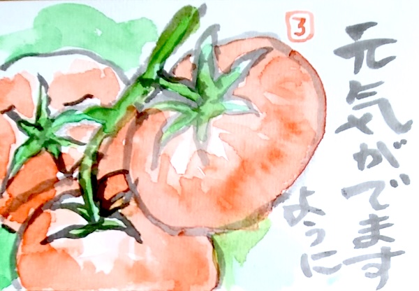 透明水彩で描いたトマトの夏の絵手紙