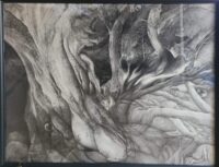 樹木と人体を思わせる有機的な形を緻密に描いた鉛筆画「転生輪廻」