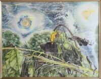 枯れたヒマワリと自然の風景を描いた水彩画「真理流転」
