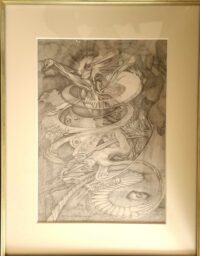 眼や生き物と有機的な形態が連なる幻想世界を描いた鉛筆画