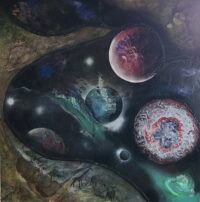 宇宙空間と複数の天体を幻想的に描いた水彩・アクリル画「深遠なる世界のハーモニー」