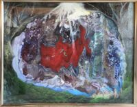 森の中に赤い形と流動する色彩を描いたアクリル画「無常」
