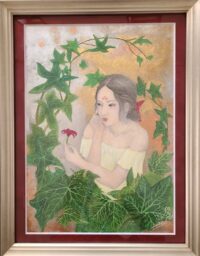 ネリネの花を手にした美女と緑の葉を描いたアクリル画