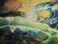 荒れ狂う海と大きく巻き上がる波を描き、画面を走る赤い梵字を重ねて生命の力を表現したF80号の油彩画