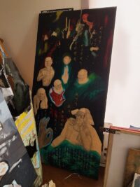 過去の自分と友人の死、釈迦の死と弟子の悲しみを縦長の画面に描いた鉛筆と油彩の作品