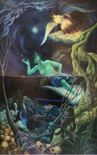 風雷神や人物、骸骨、蛇などが描かれた幻想的な油彩画「風雷神降臨輪廻転生」